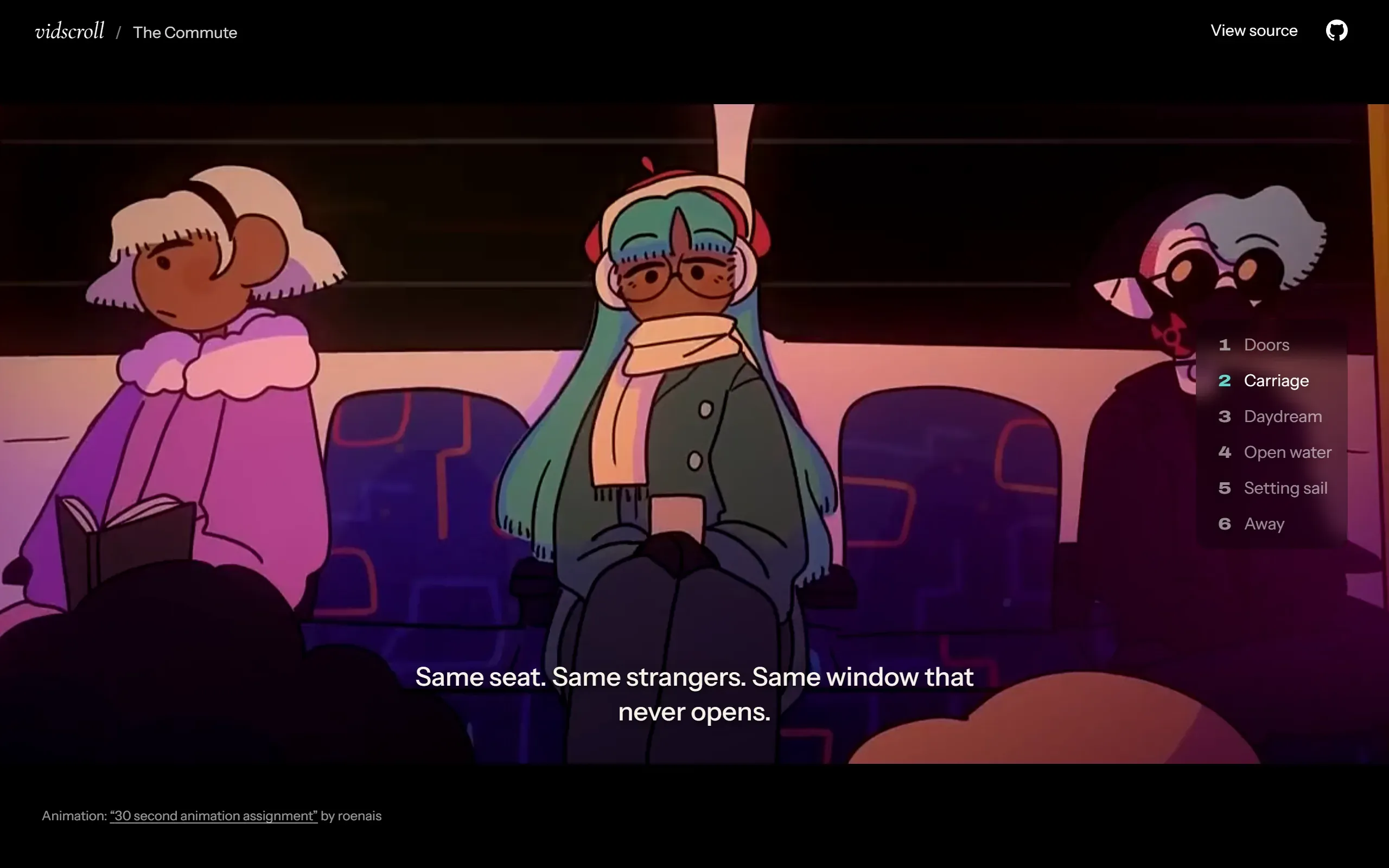 An animated scene of passengers in a train carriage, with a caption over the video and a list of six scenes on the right