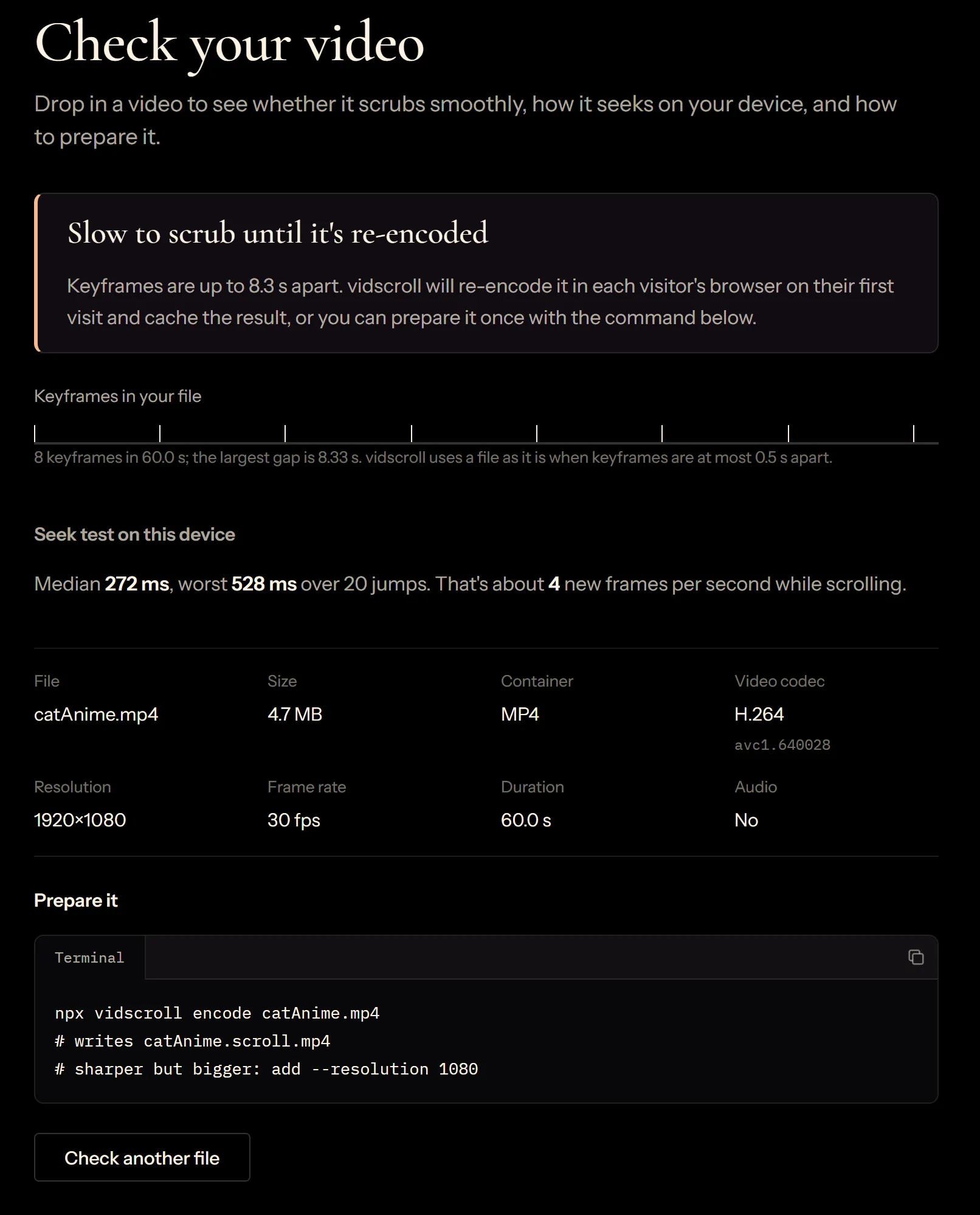 The vidscroll video checker reporting 8 keyframes in a 60-second 1080p file, a median seek of 272 ms, and the command to prepare it